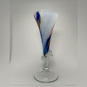 Artisanal Hand Blown Art Glass Multicolor Vase 8.5” Confetti Swirl Art Blue